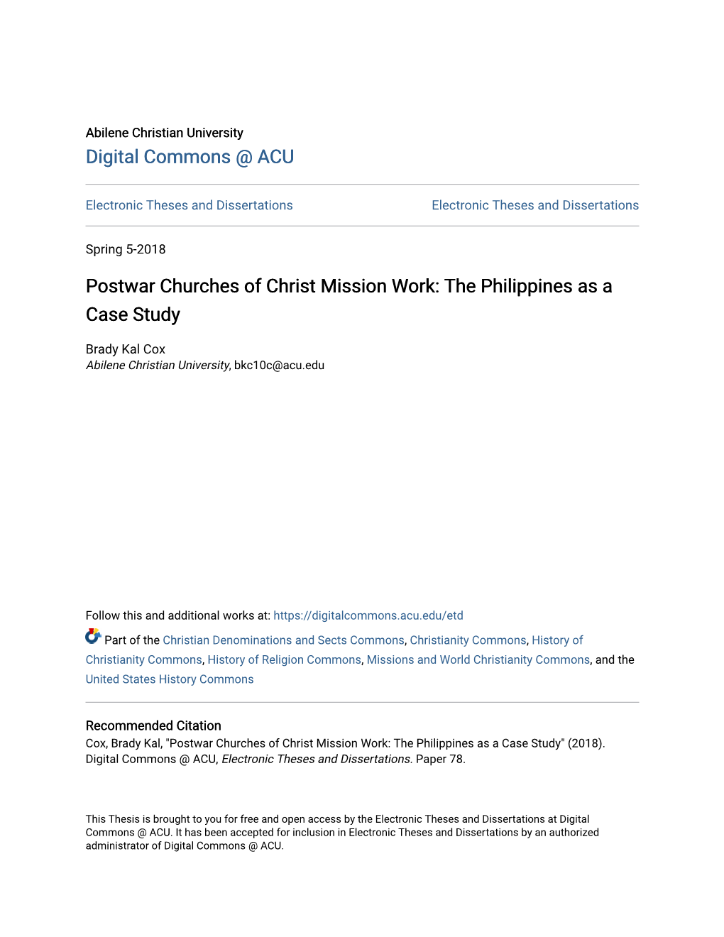 Postwar Churches of Christ Mission Work: the Philippines As a Case Study