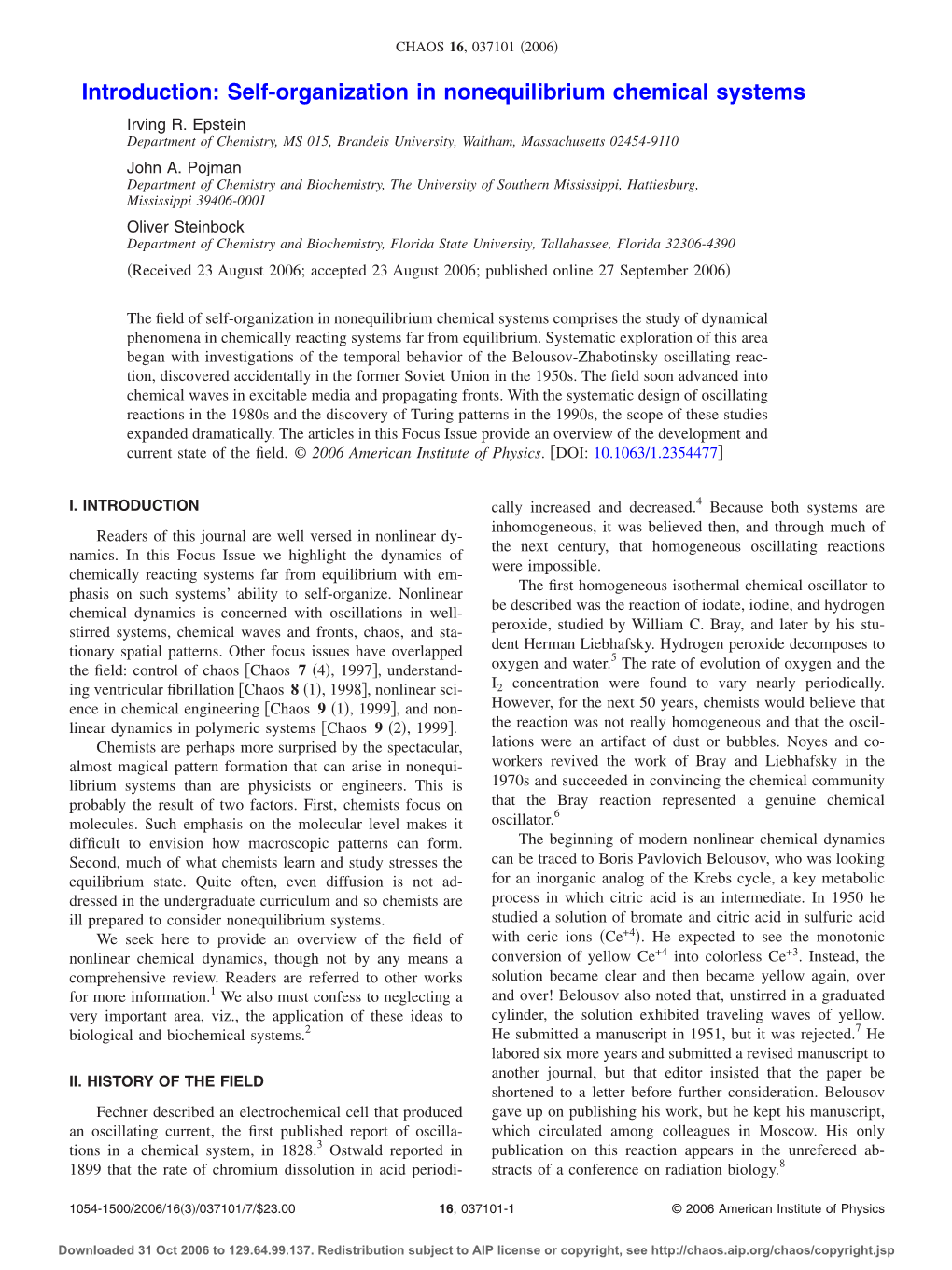 Introduction: Self-Organization in Nonequilibrium Chemical Systems Irving R