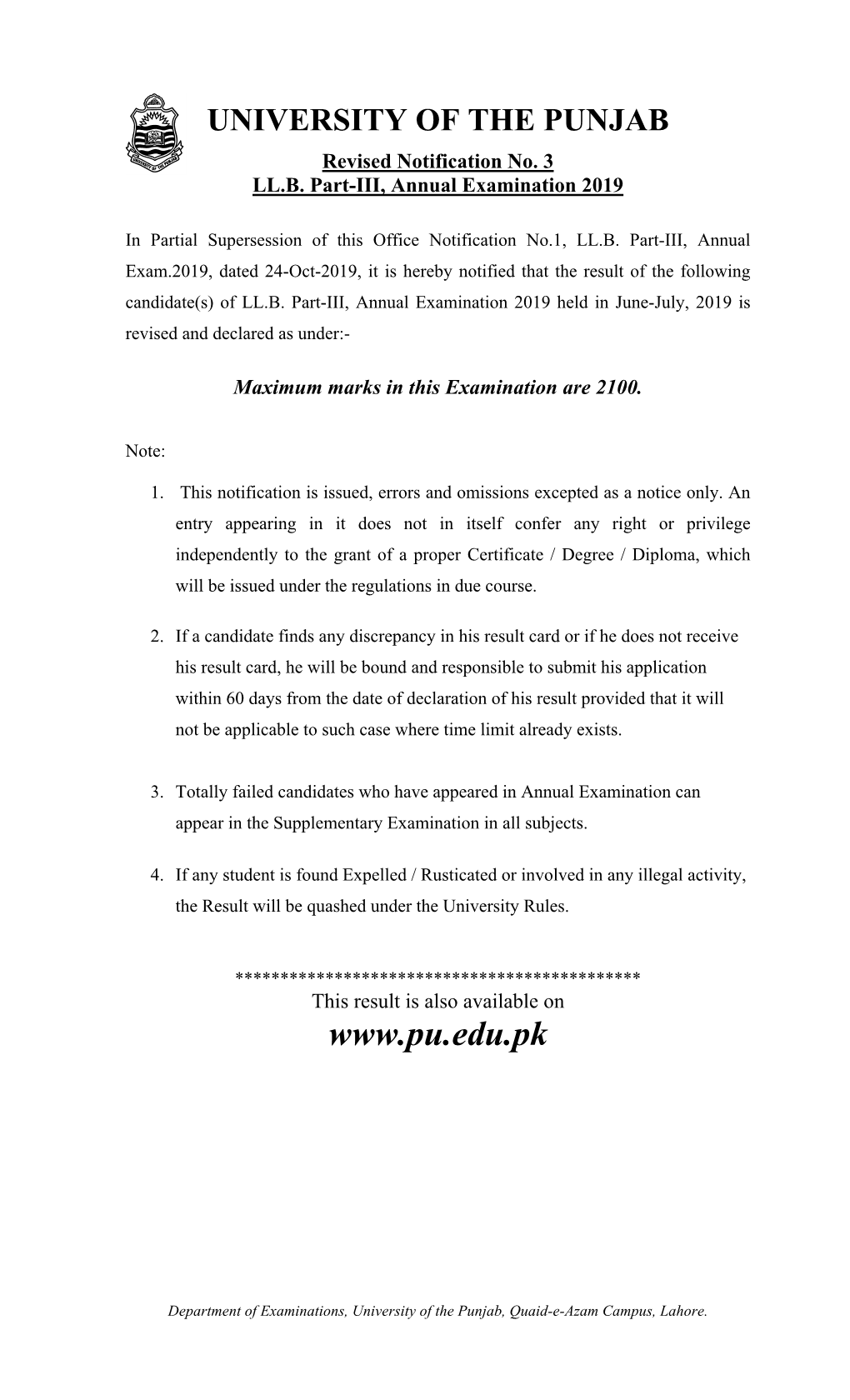 Revised Notification No. 3 LL.B. Part-III Annual Examination 2019