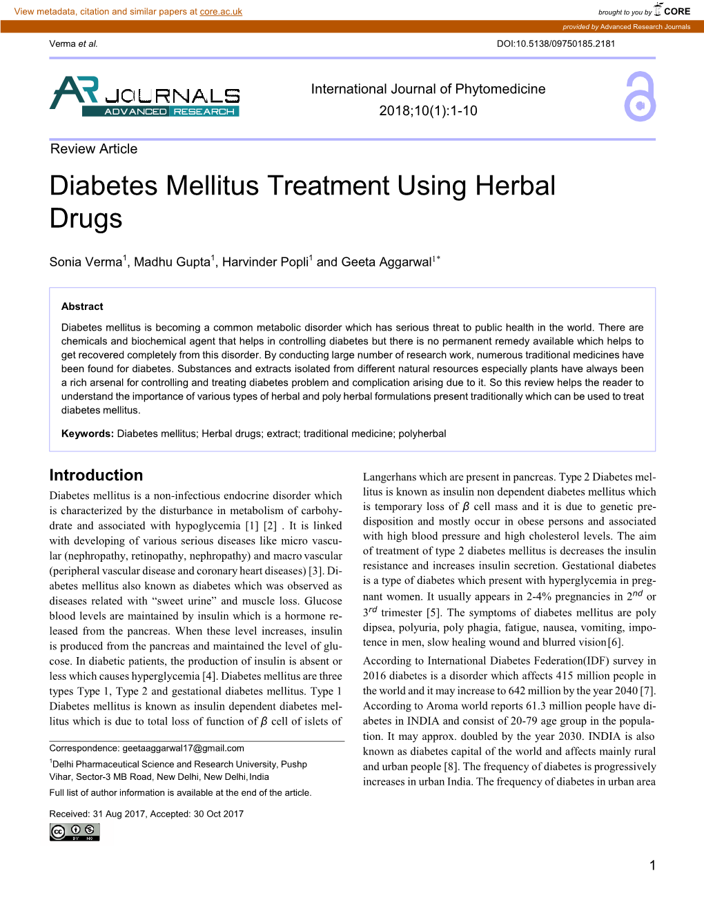 Diabetes Mellitus Treatment Using Herbal Drugs