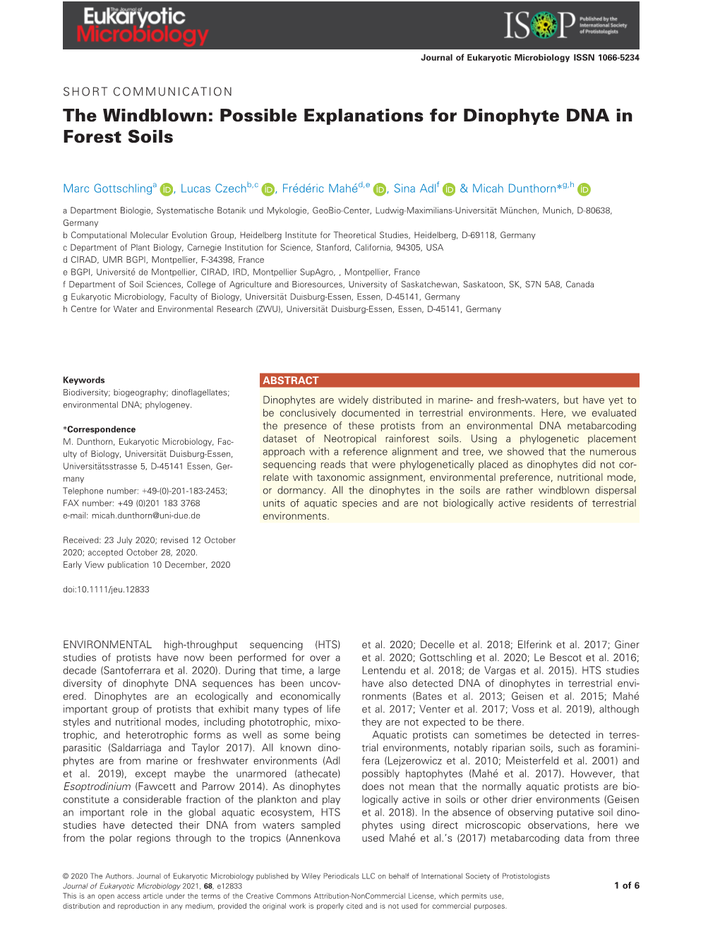 The Windblown: Possible Explanations for Dinophyte DNA in Forest Soils