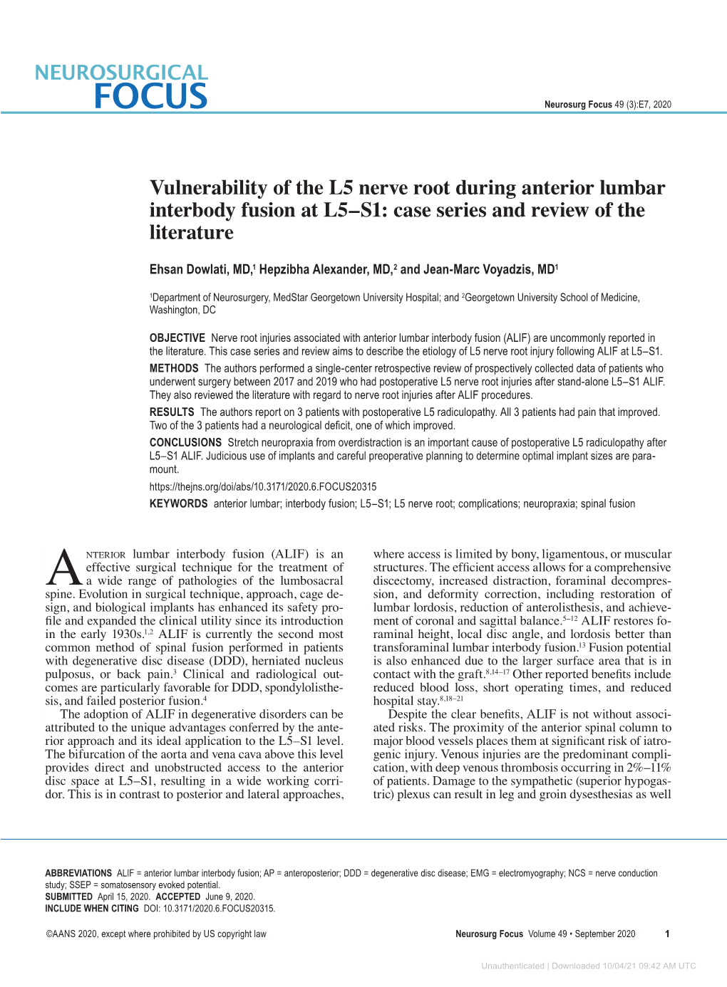 Vulnerability of the L5 Nerve Root During Anterior Lumbar Interbody Fusion at L5–S1: Case Series and Review of the Literature