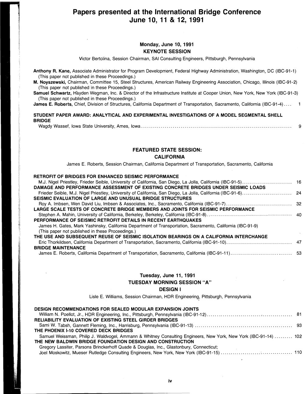 Papers Presented at the International Bridge Conference June 10, 11 & 12, 1991