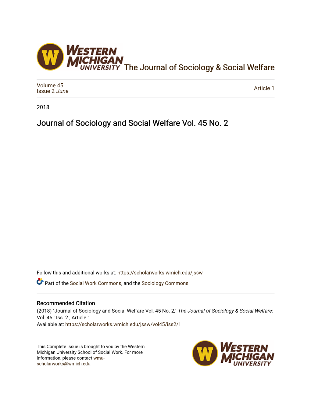 Journal of Sociology and Social Welfare Vol. 45 No. 2