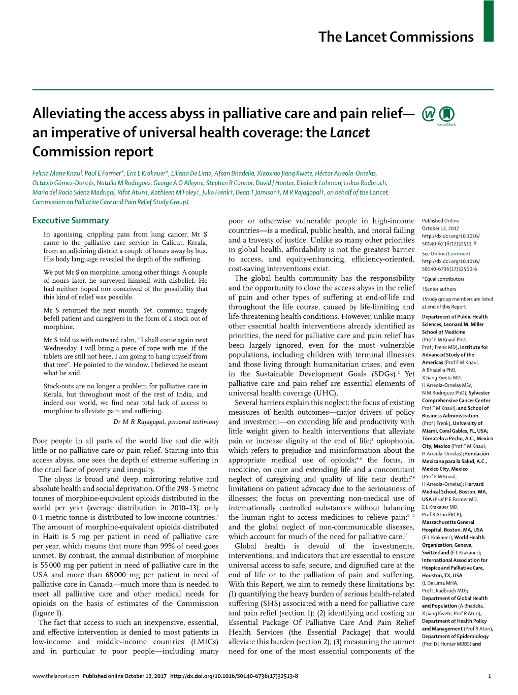 Alleviating the Access Abyss in Palliative Care and Pain Relief— an Imperative of Universal Health Coverage: the Lancet Commission Report