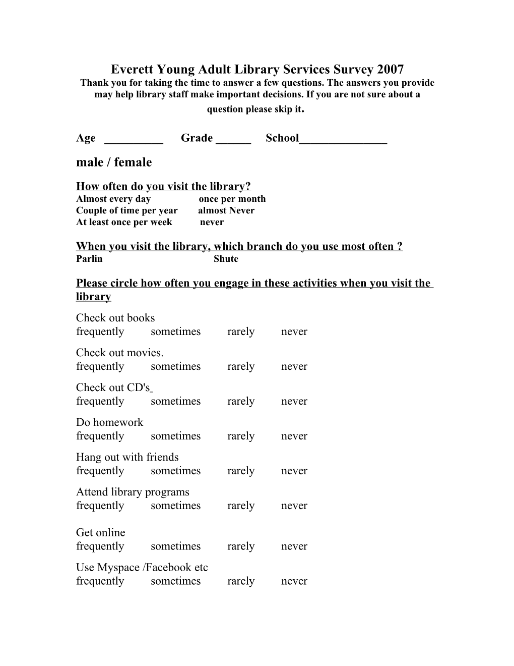 Everett Young Adult Library Services Survey 2007