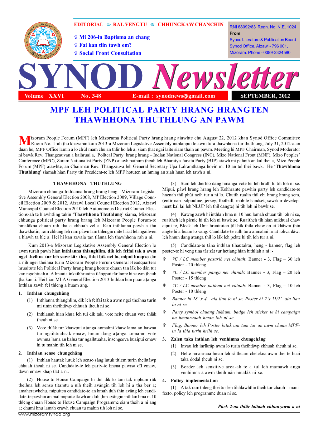 Synod Newsletter SEPTEMBER, 2012