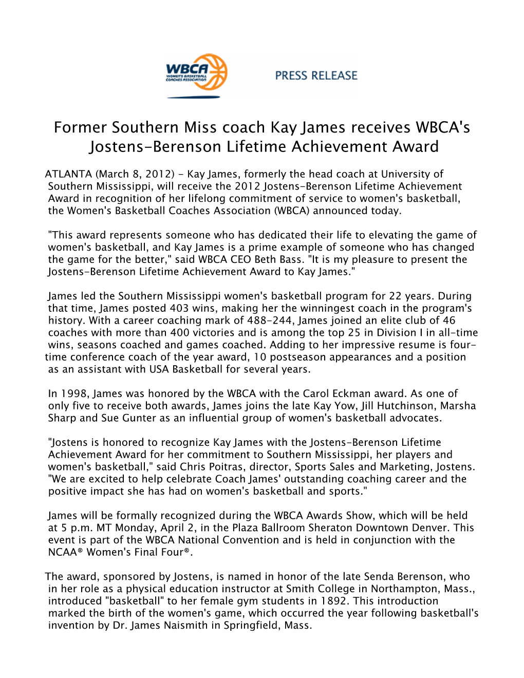 Former Southern Miss Coach Kay James Receives WBCA's Jostens-Berenson Lifetime Achievement Award