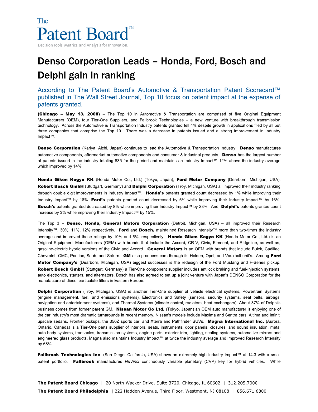 Denso Corporation Leads, Fallbrook Technology Shows Impressive Industry Impact with Small