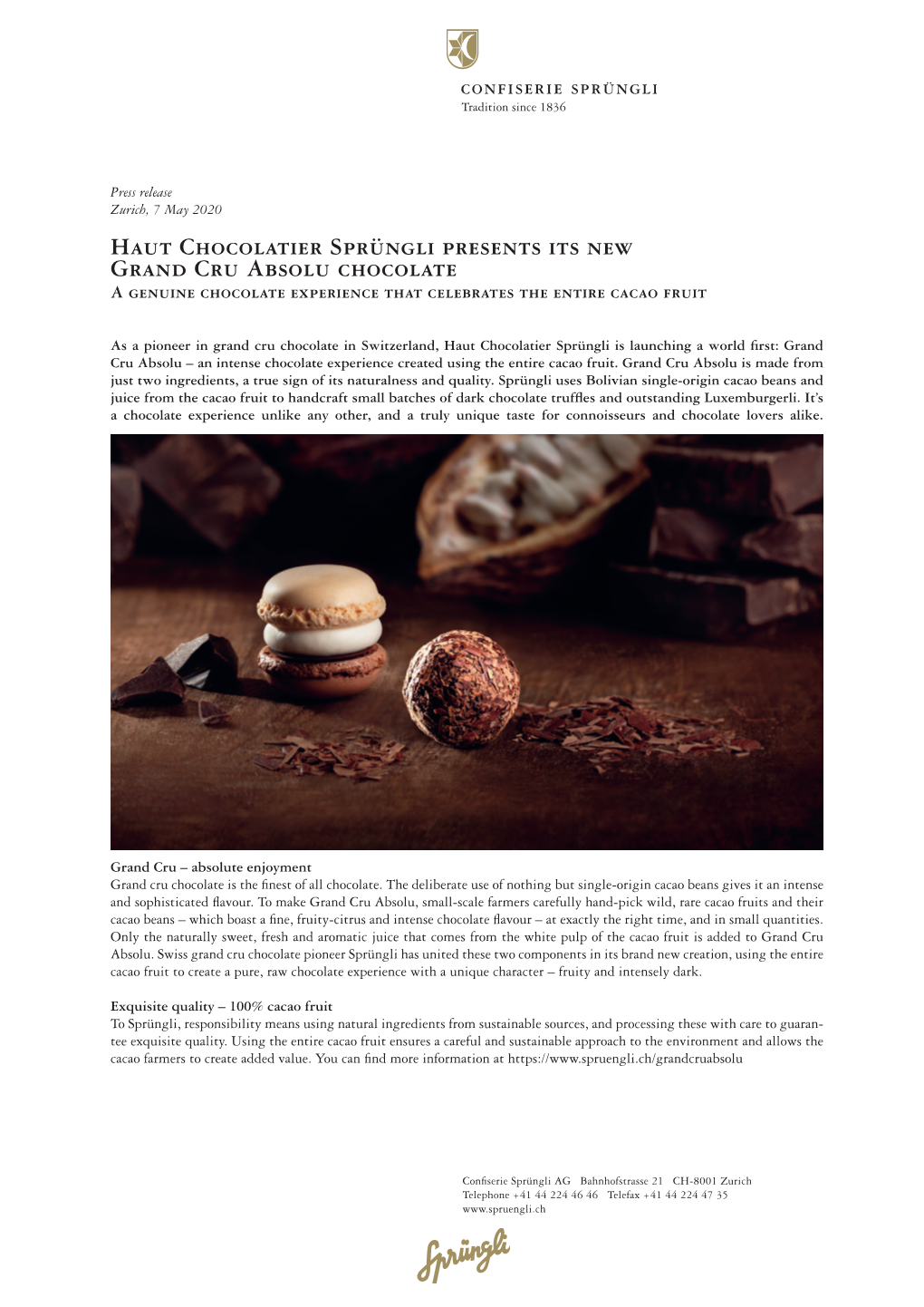 Haut Chocolatier Sprüngli Presents Its New Grand Cru Absolu Chocolate a Genuine Chocolate Experience That Celebrates the Entire Cacao Fruit