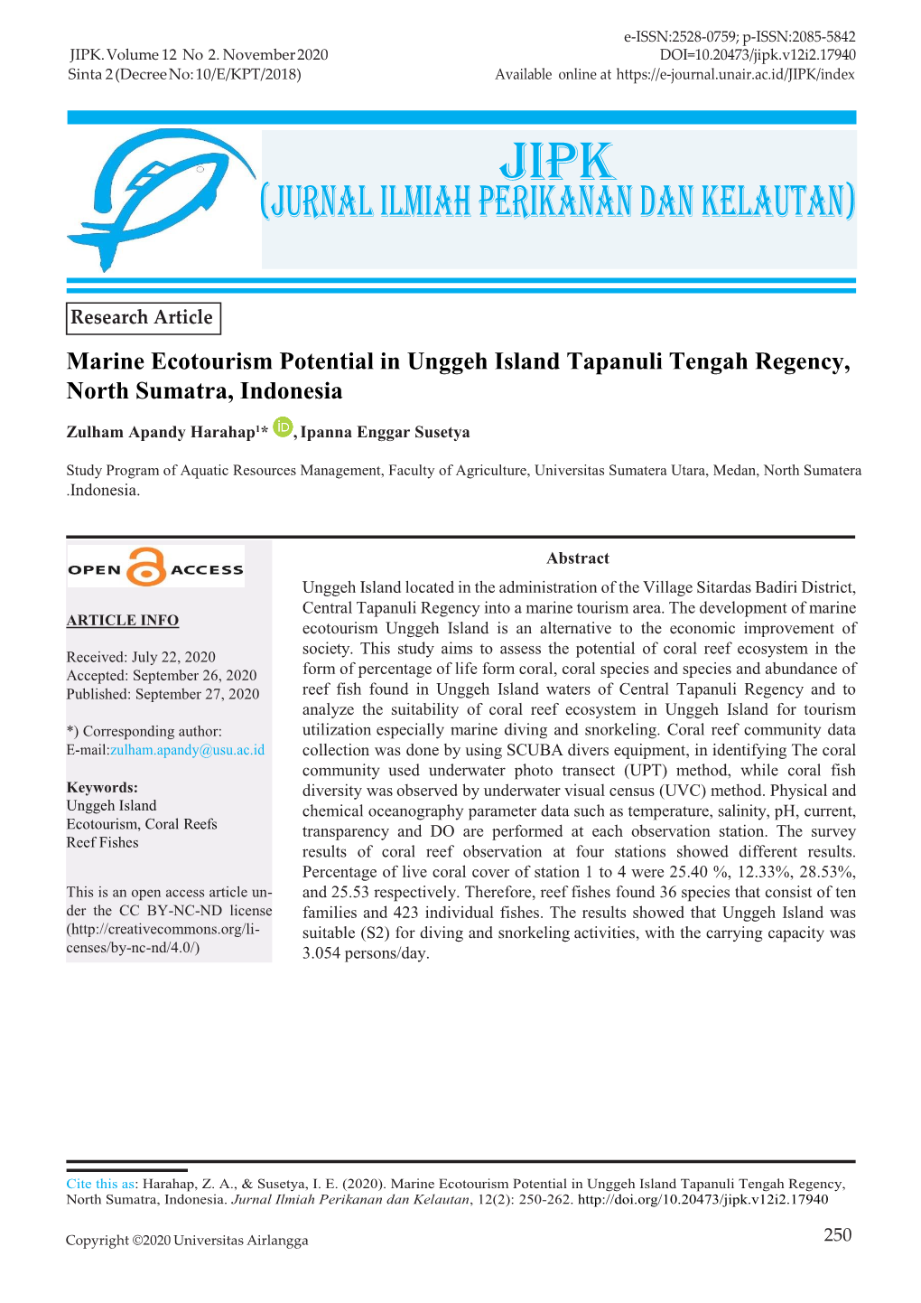 Marine Ecotourism Potential in Unggeh Island Tapanuli Tengah Regency, North Sumatra, Indonesia