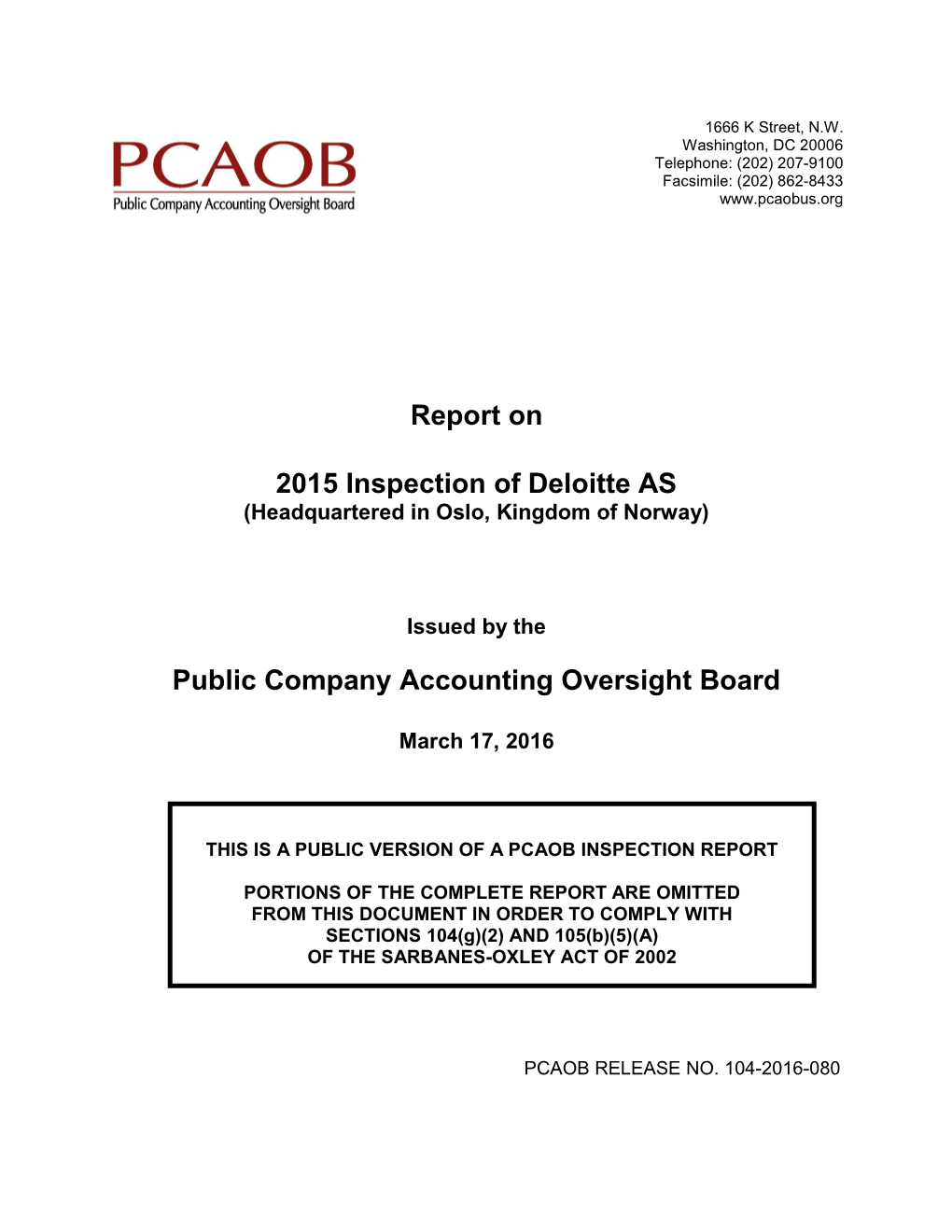 Report on 2015 Inspection of Deloitte AS Public Company Accounting