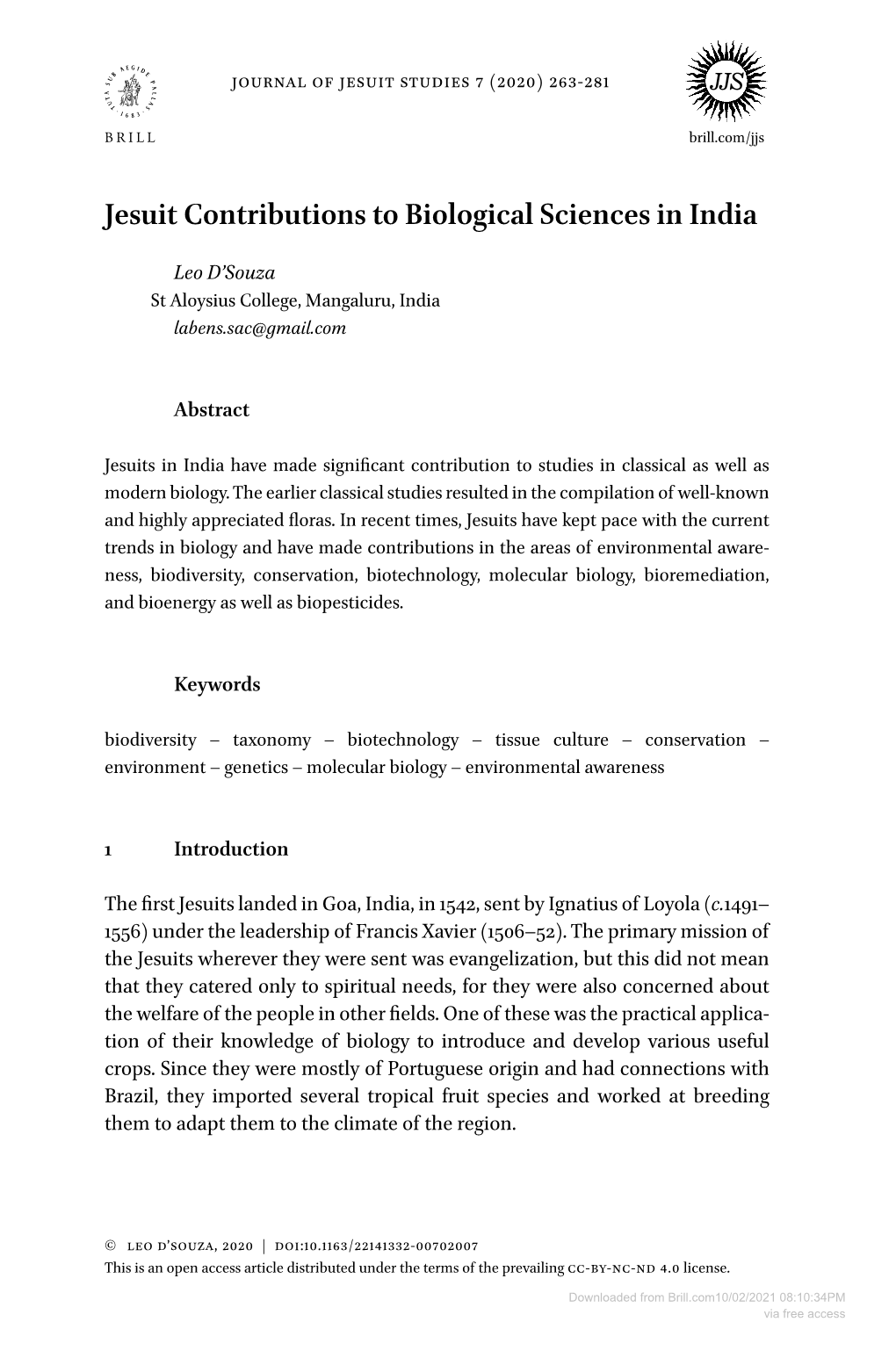 Jesuit Contributions to Biological Sciences in India