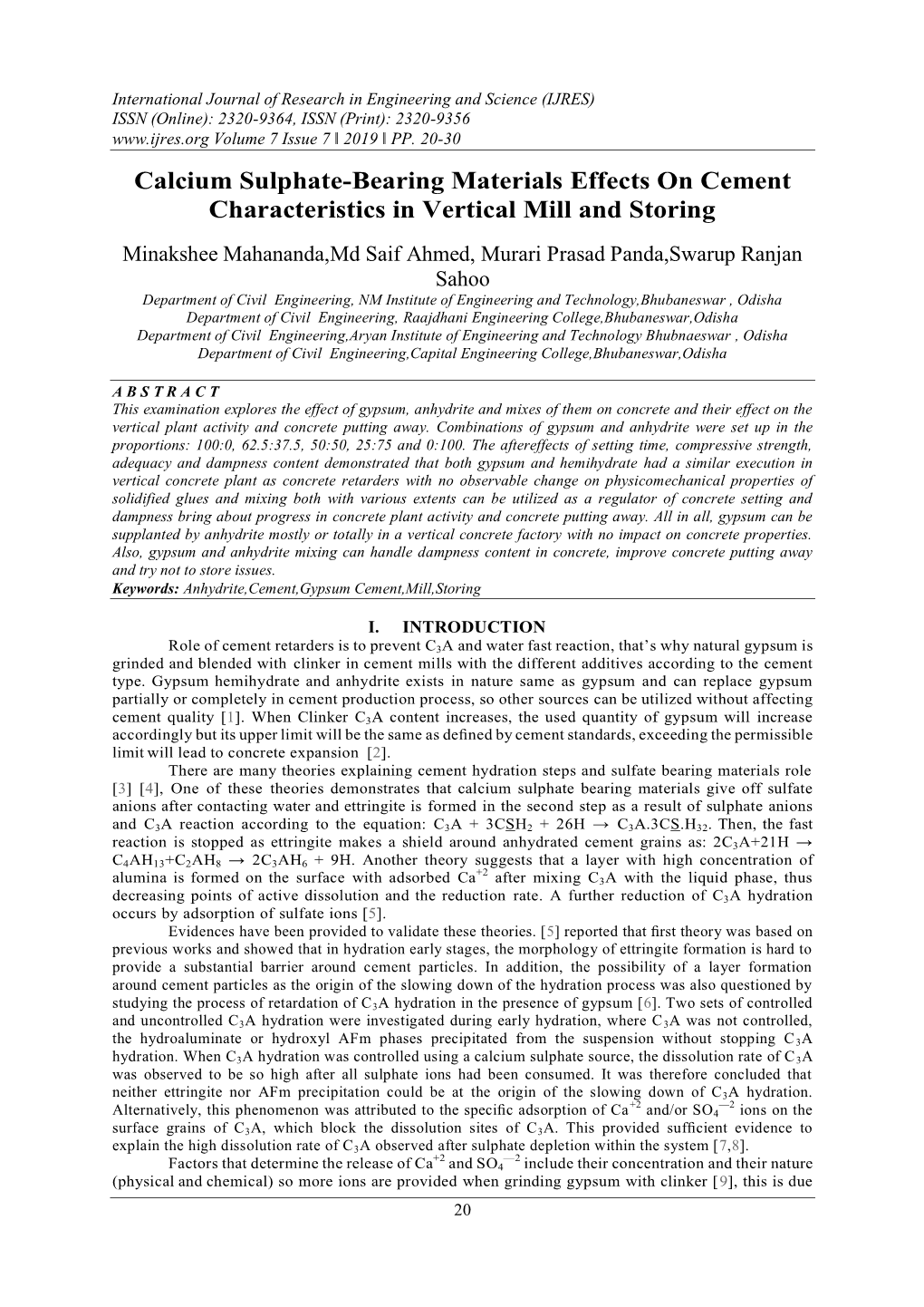 Calcium Sulphate-Bearing Materials Effects on Cement Characteristics in Vertical Mill and Storing