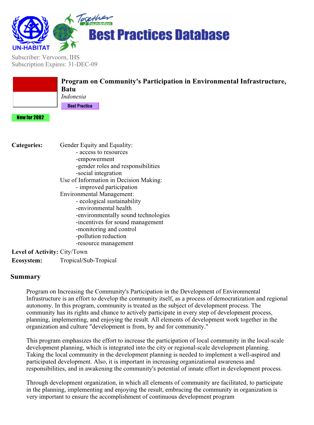 Summary Program on Community's Participation in Environmental Infrastructure, Batu