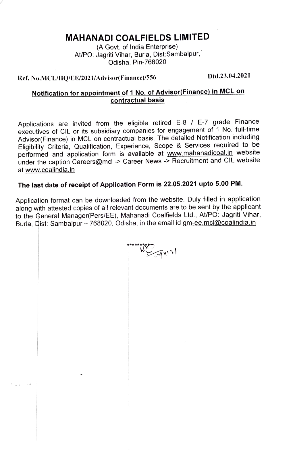 MAHANADI COALFIELDS LIMITED Notification for Appointment of 1 No