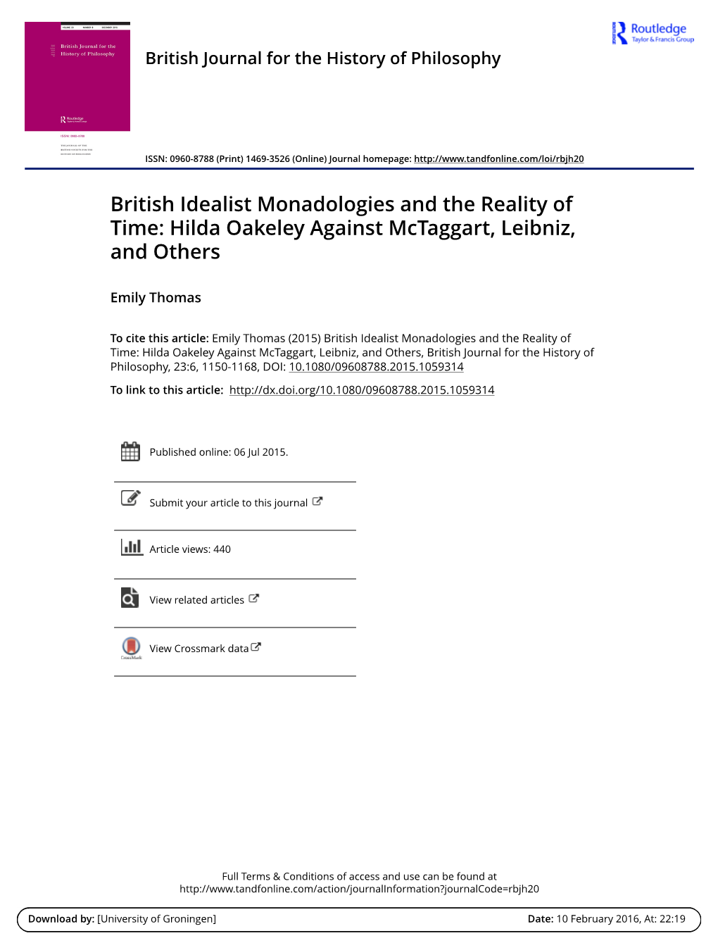 British Idealist Monadologies and the Reality of Time: Hilda Oakeley Against Mctaggart, Leibniz, and Others