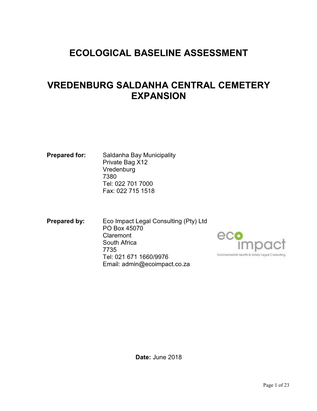 Ecological Baseline Assessment Vredenburg Saldanha Central Cemetery Expansion