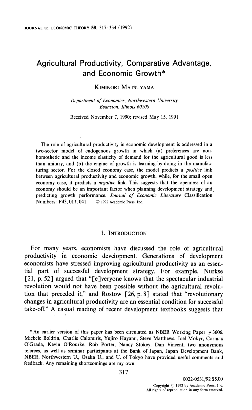 Agricultural Productivity, Comparative Advantage, and Economic Growth*