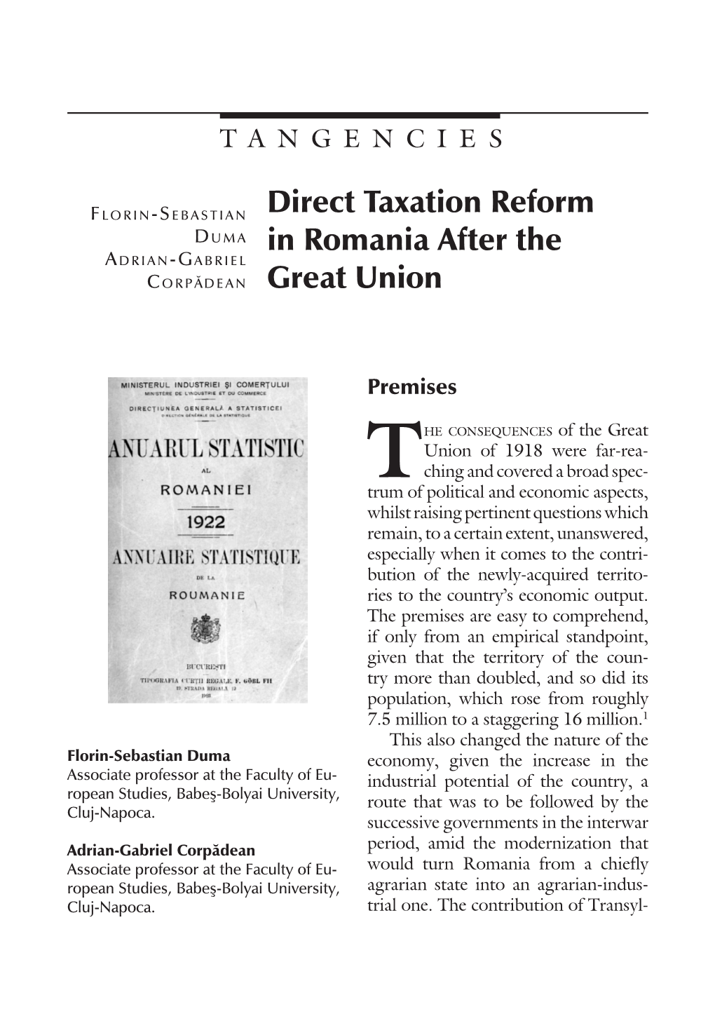 Direct Taxation Reform in Romania After the Great Union