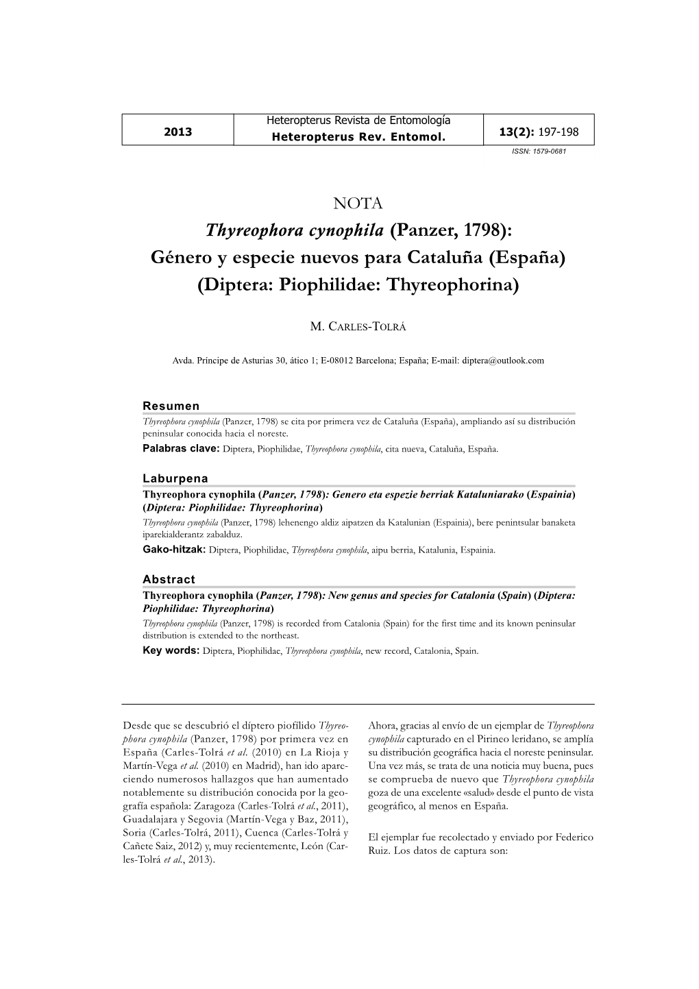 España) (Diptera: Piophilidae: Thyreophorina