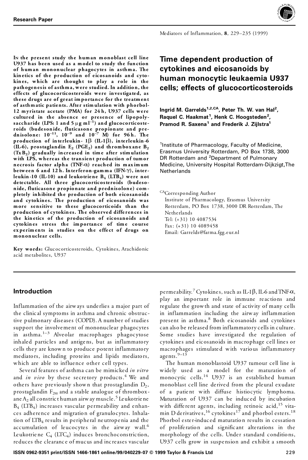 Time Dependent Production of Cytokines And