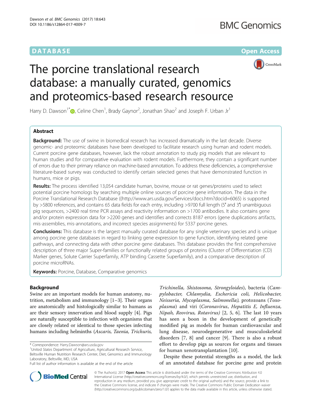 The Porcine Translational Research Database: a Manually Curated, Genomics and Proteomics-Based Research Resource Harry D