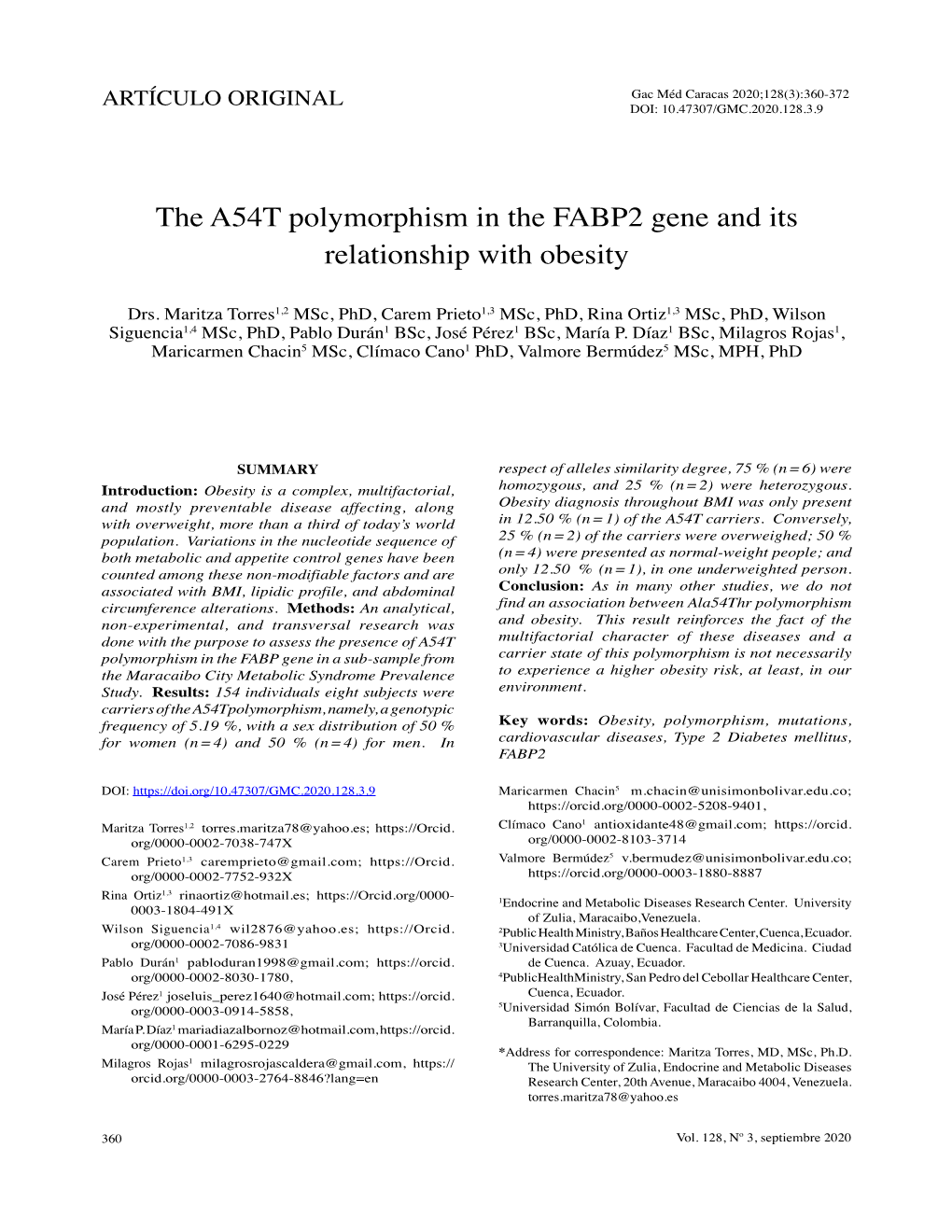 The A54T Polymorphism in the FABP2 Gene and Its Relationship with Obesity