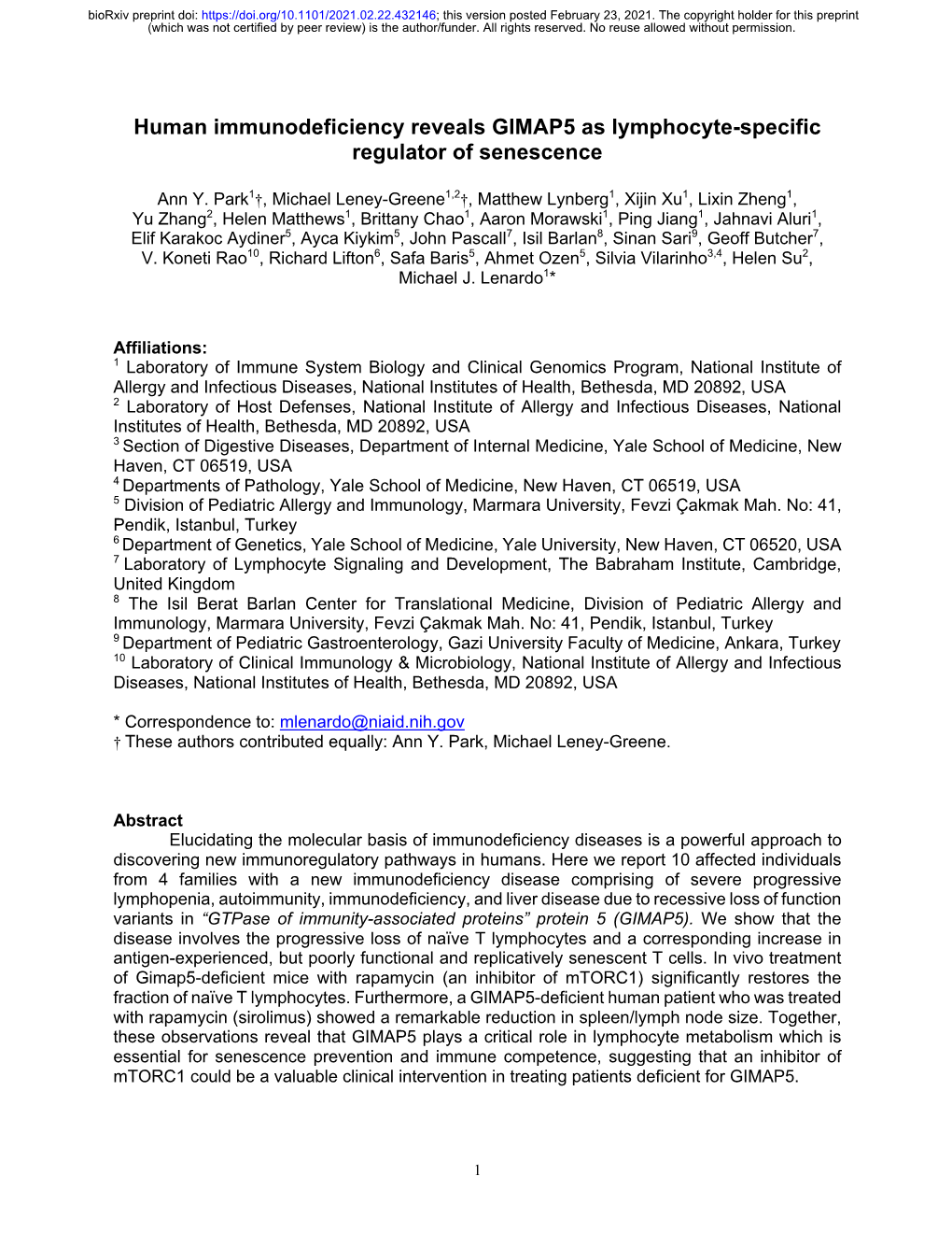 Human Immunodeficiency Reveals GIMAP5 As Lymphocyte-Specific Regulator of Senescence