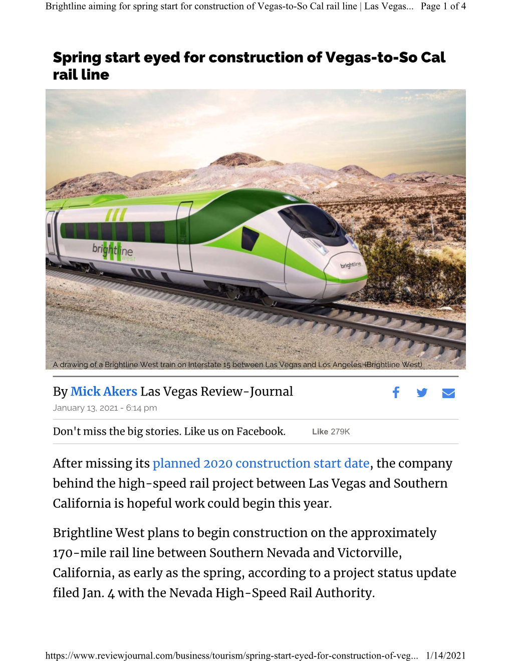 Brightline Aiming for Spring Start for Construction of Vegas-To-So Cal Rail Line | Las Vegas