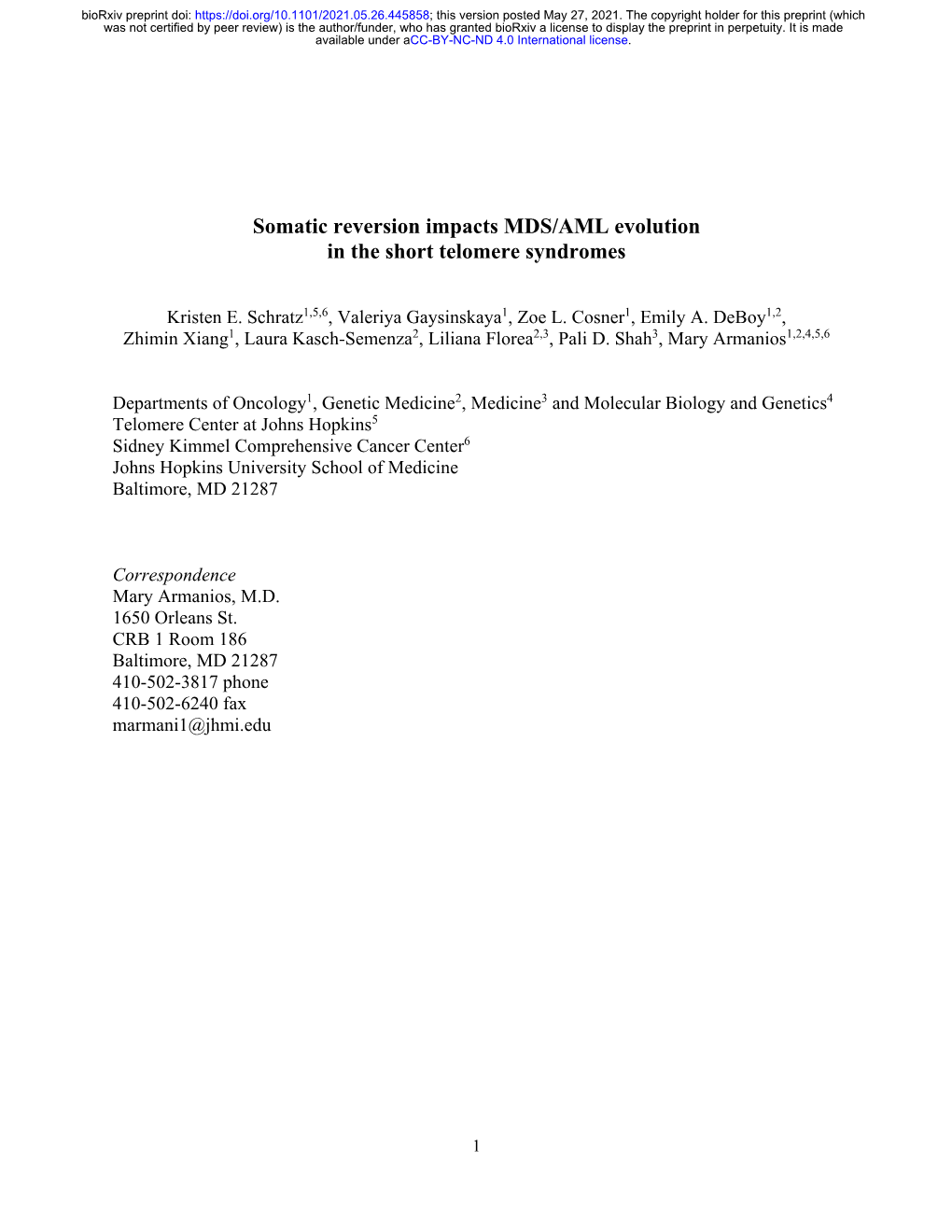 Somatic Reversion Impacts MDS/AML Evolution in the Short Telomere Syndromes