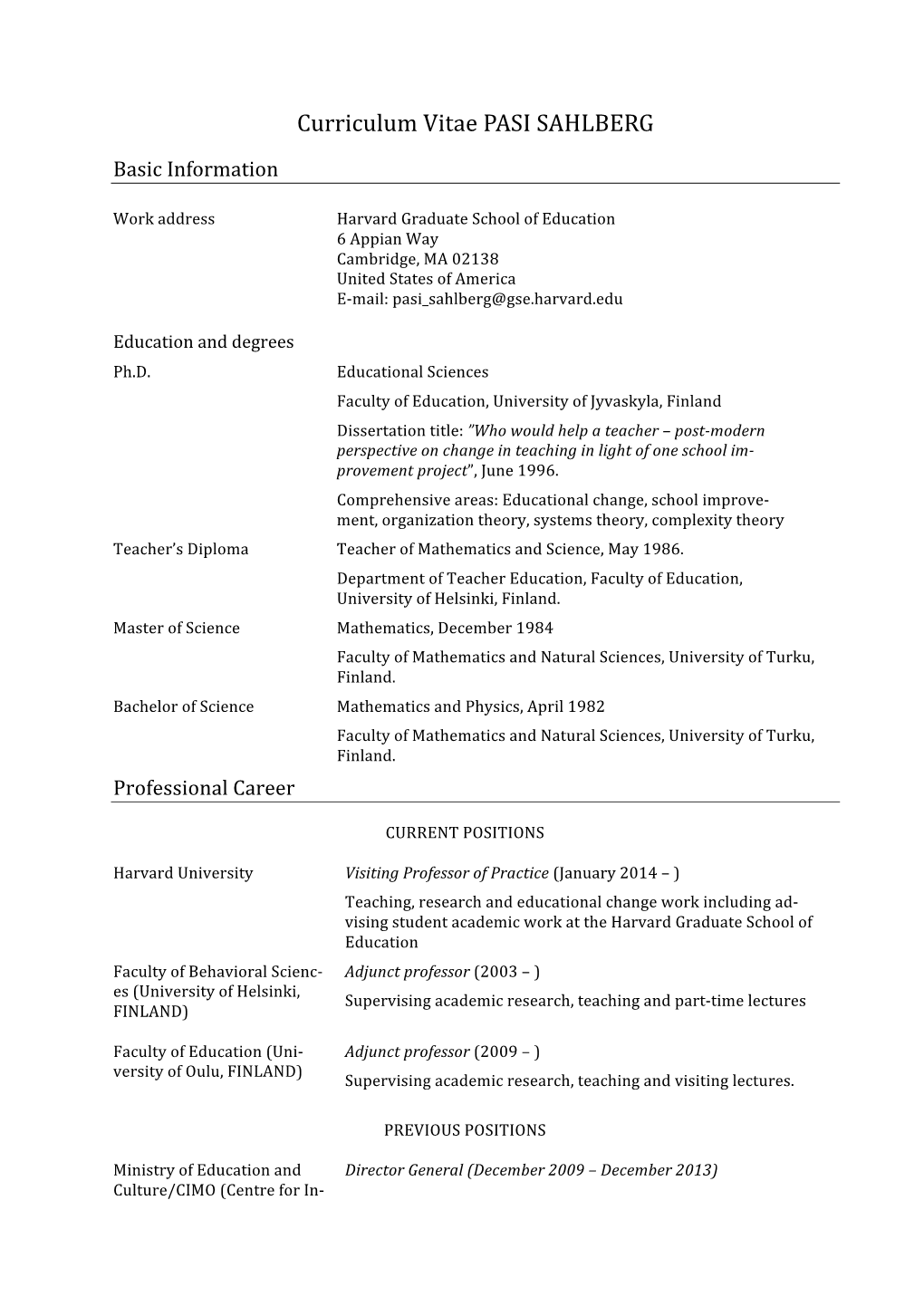 Curriculum Vitae PASI SAHLBERG