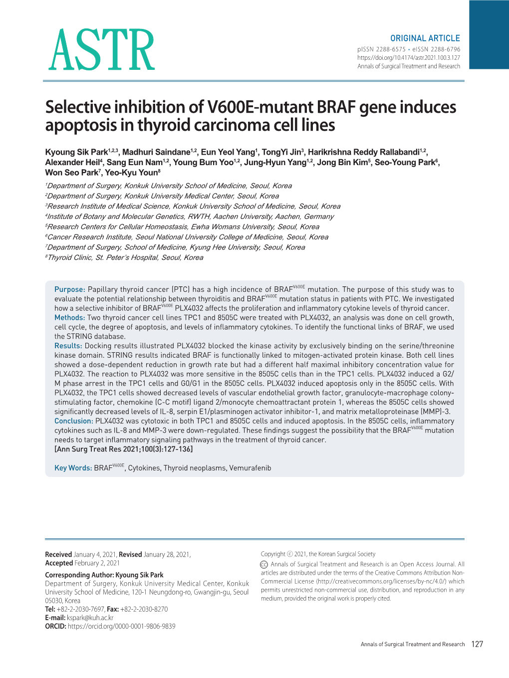 Selective Inhibition of V600E-Mutant BRAF Gene Induces Apoptosis in Thyroid Carcinoma Cell Lines