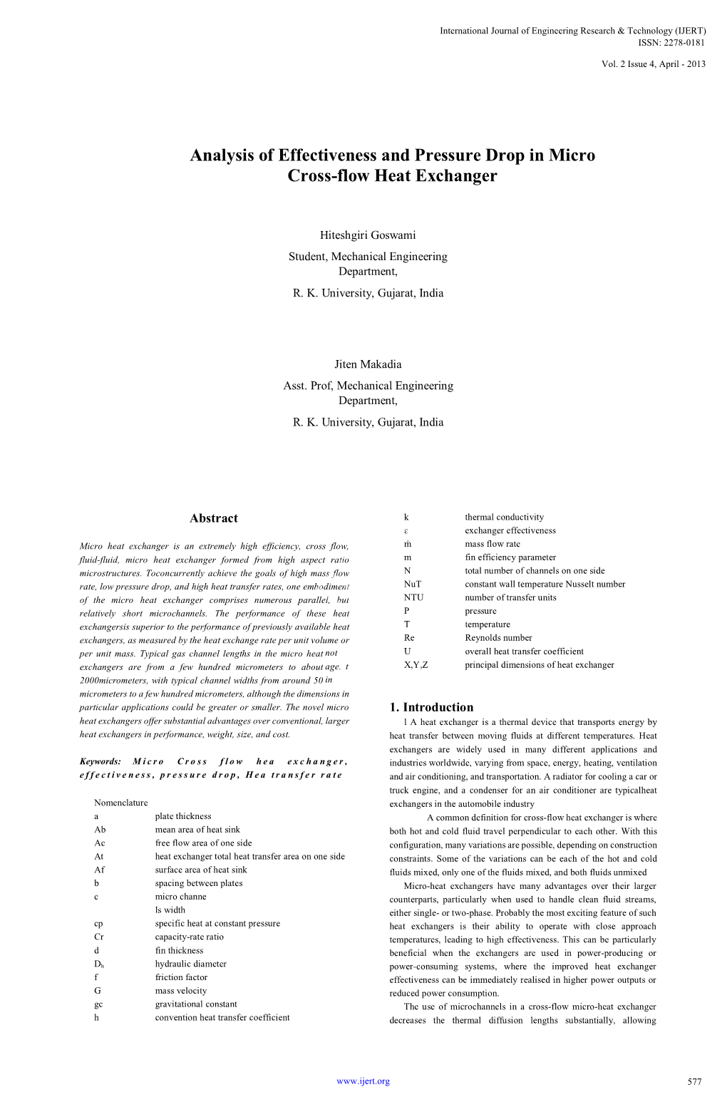 Analysis of Effectiveness and Pressure Drop in Micro Cross-Flow Heat Exchanger