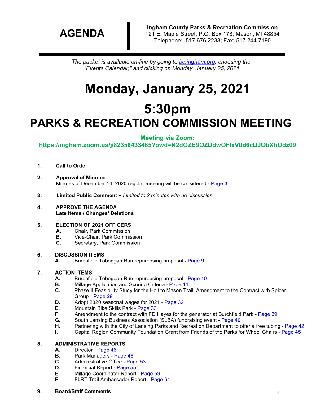AGENDA Monday, January 25, 2021 5:30Pm PARKS & RECREATION