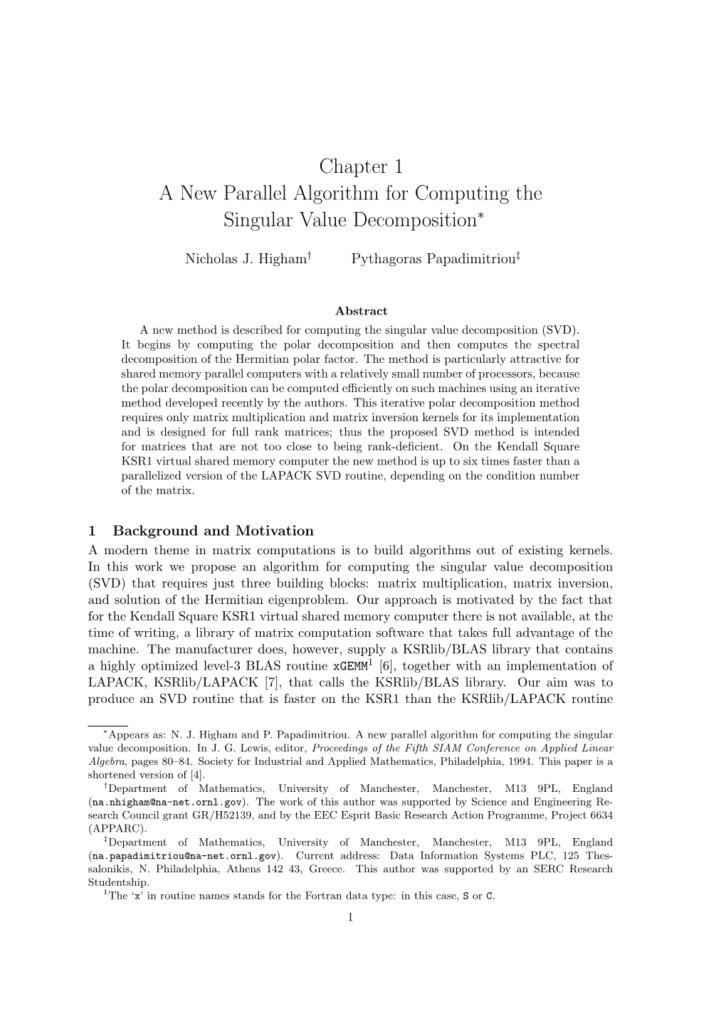 Chapter 1 a New Parallel Algorithm for Computing the Singular Value Decomposition∗