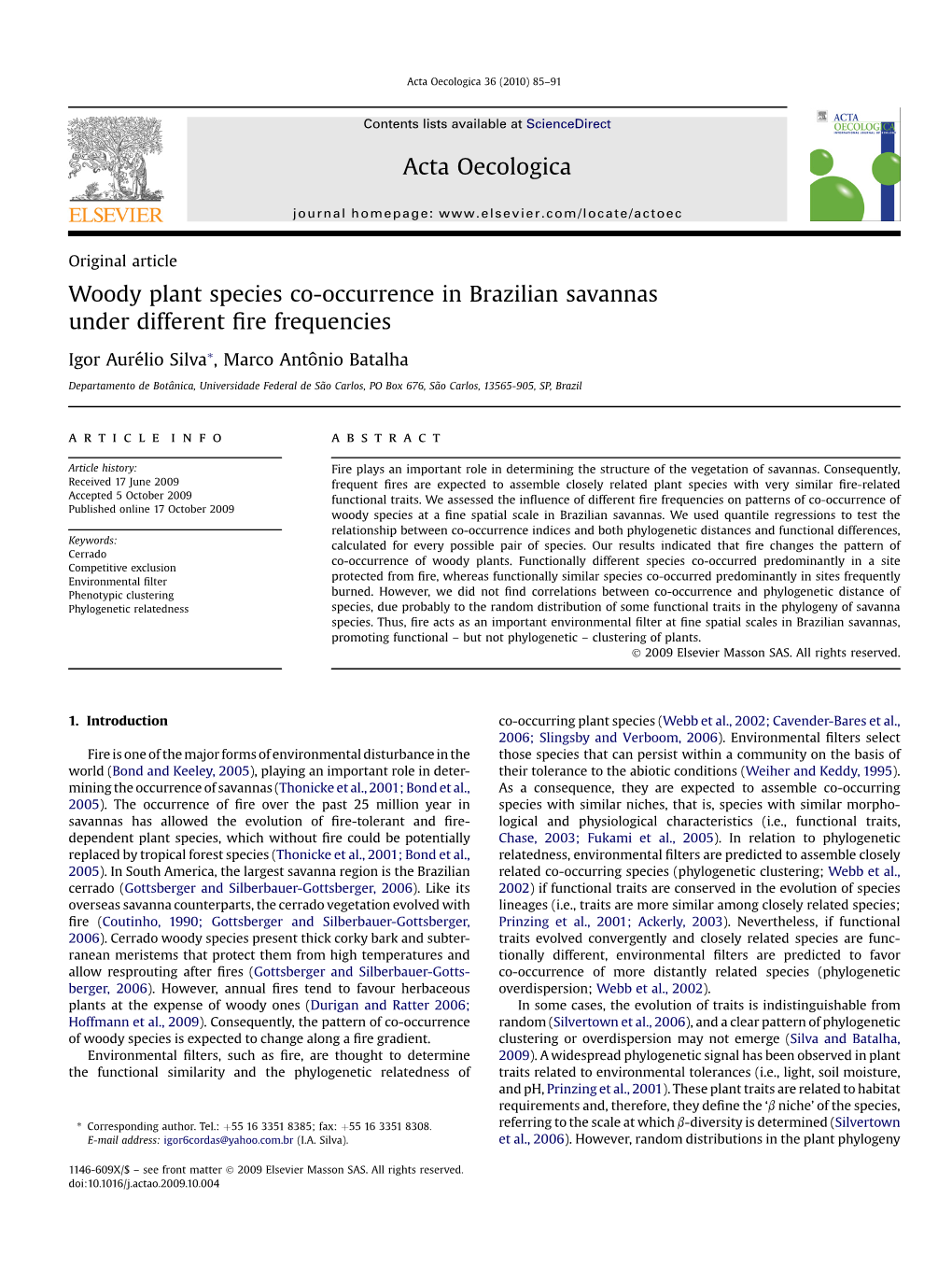 Woody Plant Species Co-Occurrence in Brazilian Savannas Under Different ﬁre Frequencies