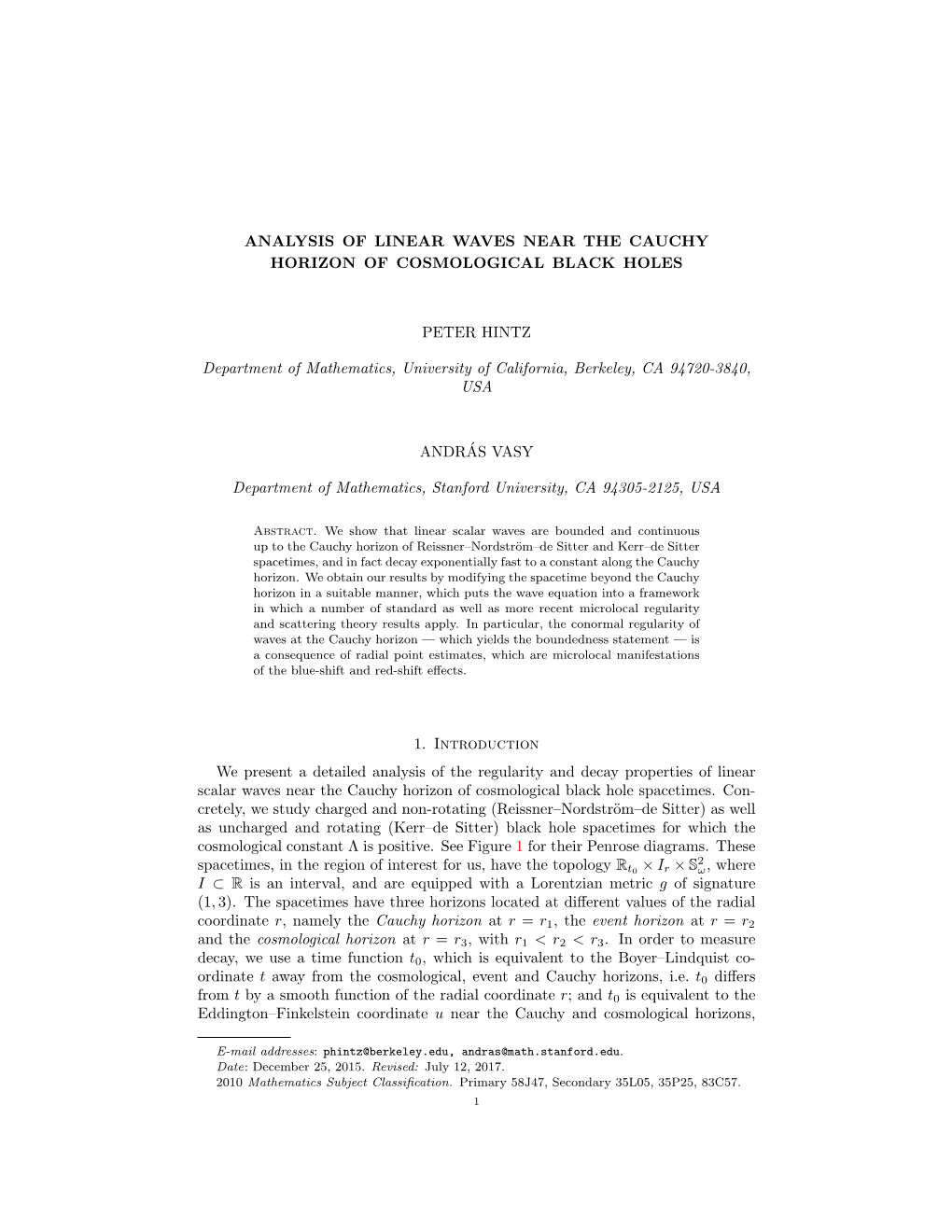 Analysis of Linear Waves Near the Cauchy Horizon of Cosmological Black Holes