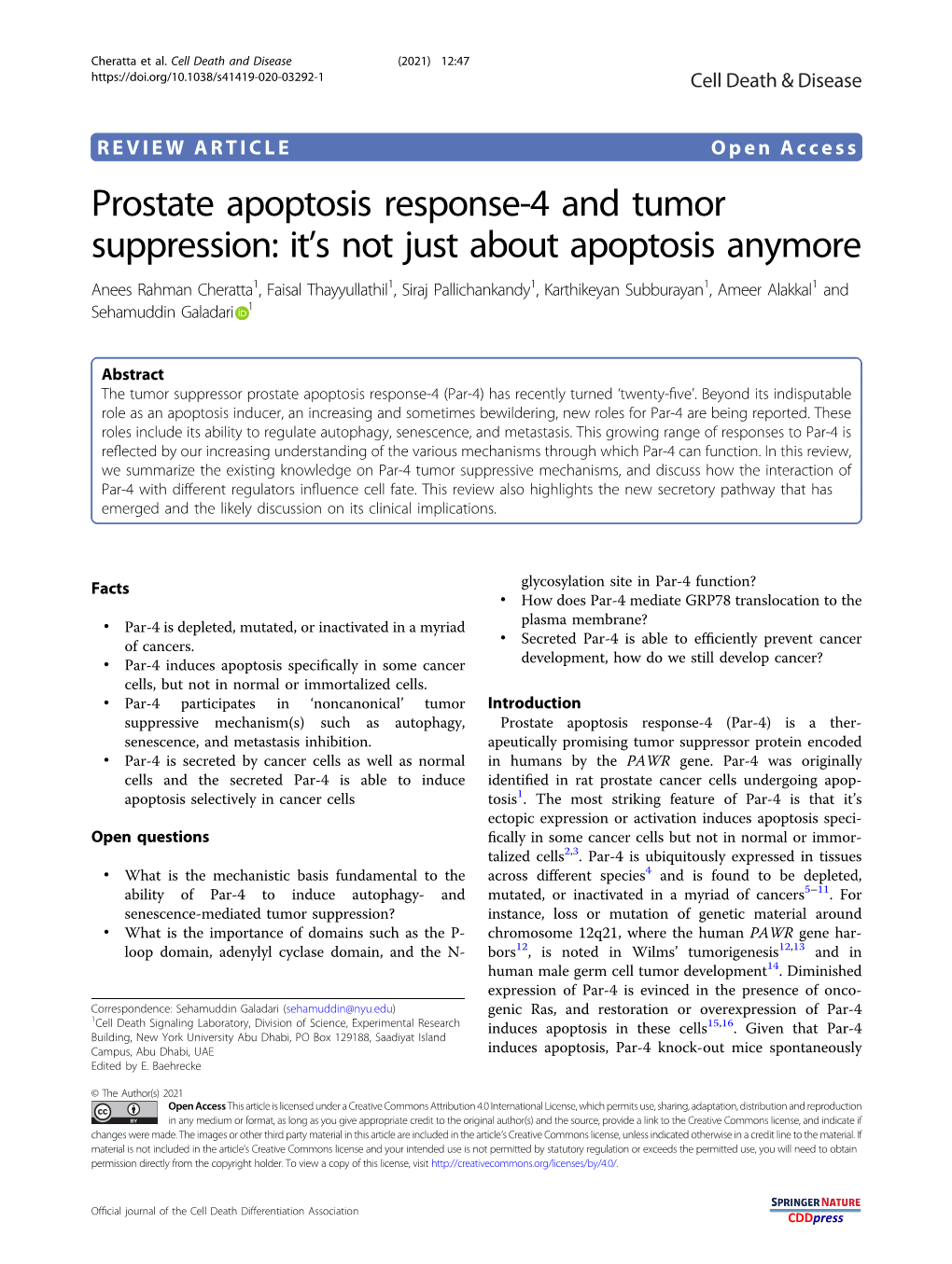 Prostate Apoptosis Response-4 and Tumor Suppression