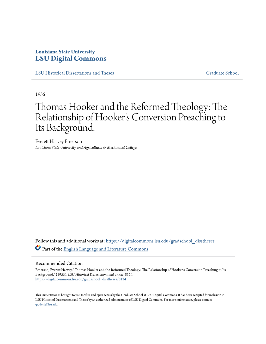 Thomas Hooker and the Reformed Theology: the Relationship of Hooker's Conversion Preaching to Its Background