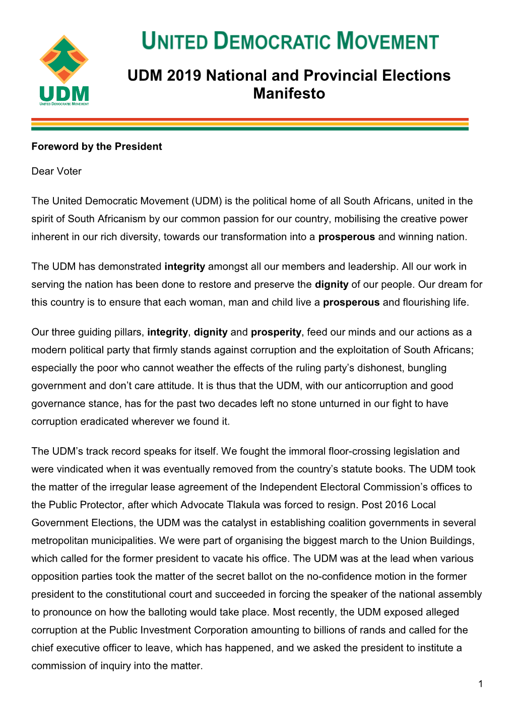 UDM 2019 National and Provincial Elections Manifesto