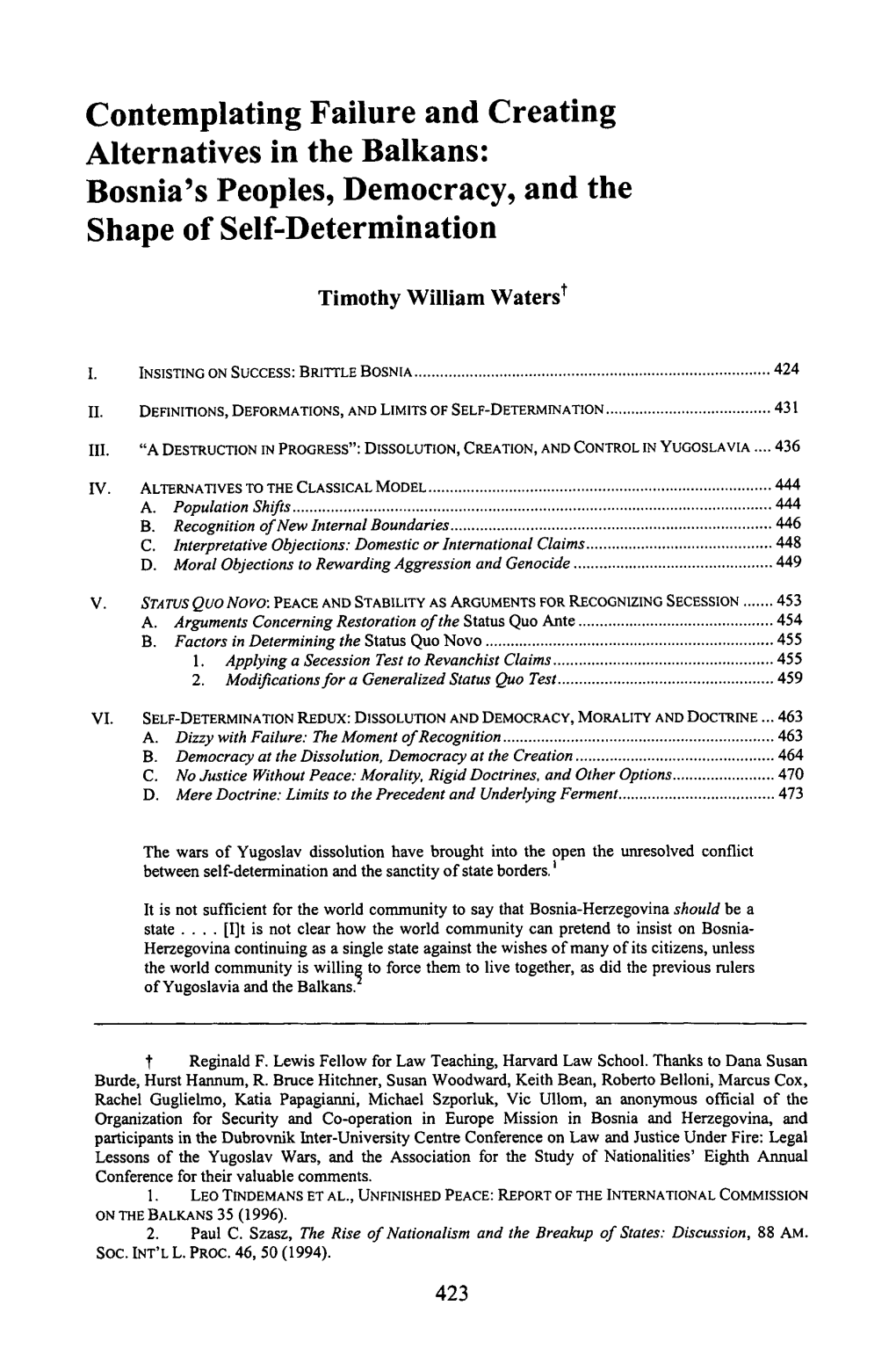 Contemplating Failure and Creating Alternatives in the Balkans: Bosnia's Peoples, Democracy, and the Shape of Self-Determination