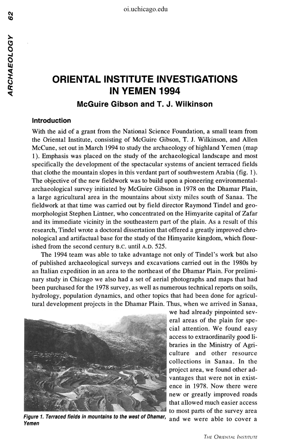 ORIENTAL INSTITUTE INVESTIGATIONS in YEMEN 1994 Mcguire Gibson and T