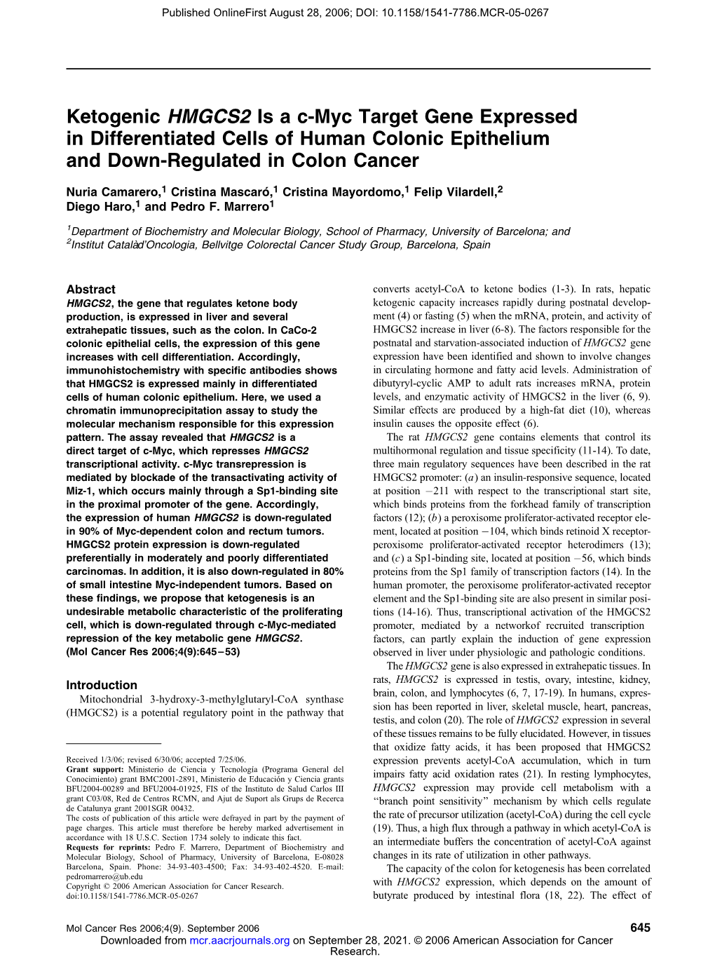 Ketogenic HMGCS2 Is a C-Myc Target Gene Expressed in Differentiated Cells of Human Colonic Epithelium and Down-Regulated in Colon Cancer