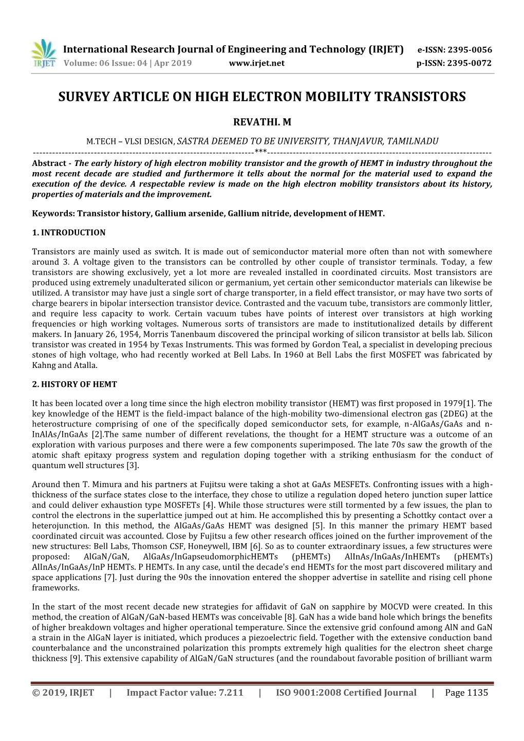 Survey Article on High Electron Mobility Transistors