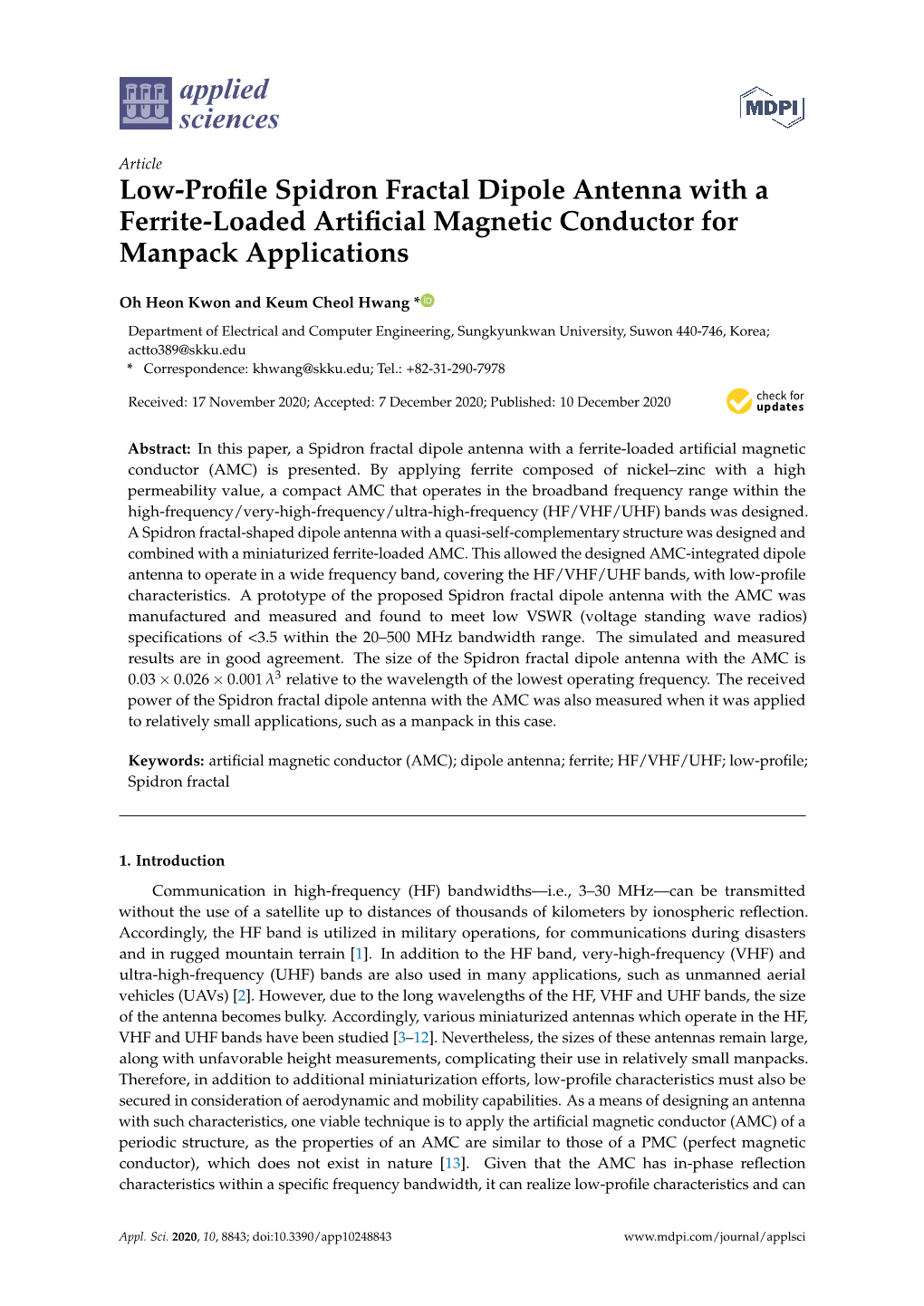 Low-Profile Spidron Fractal Dipole Antenna with a Ferrite-Loaded