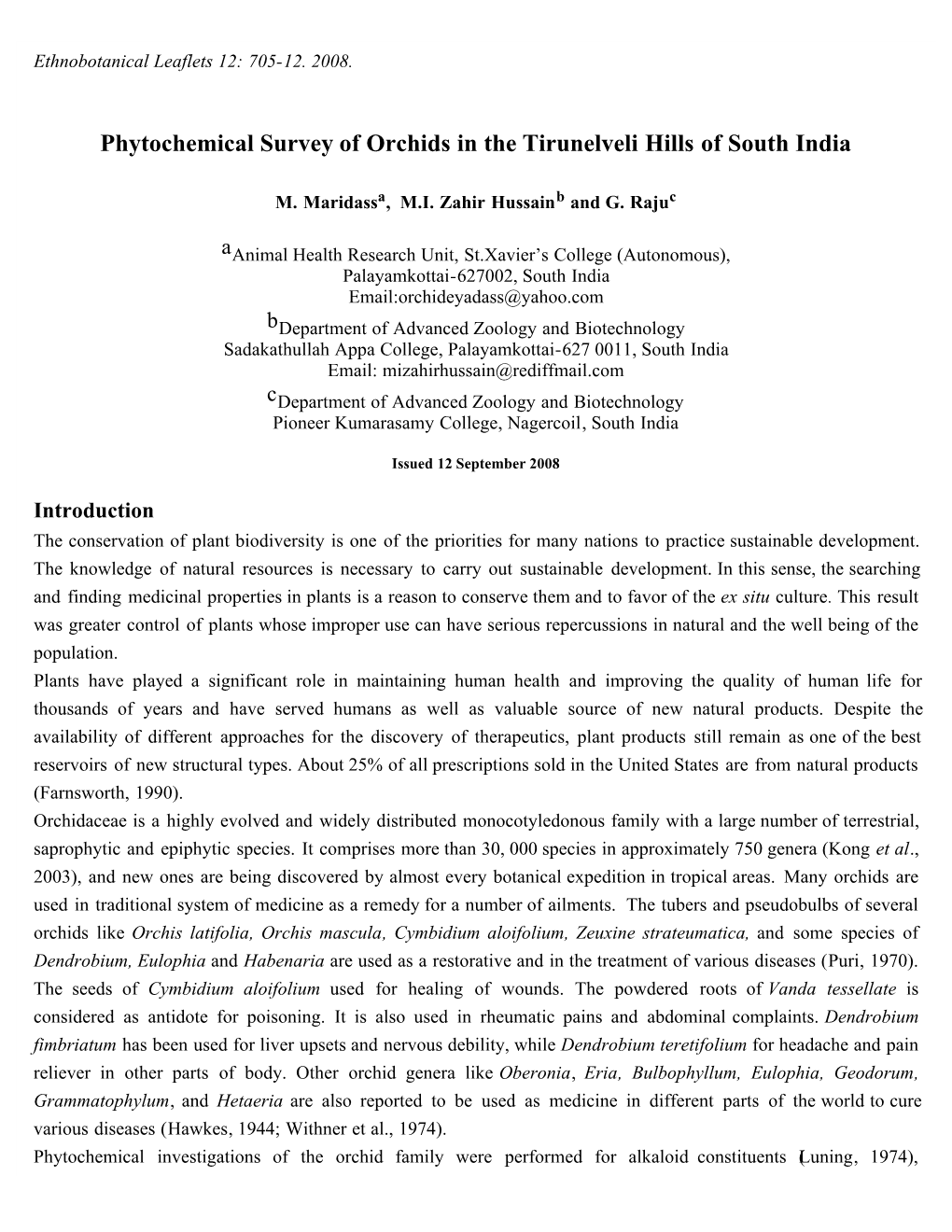 Phytochemical Survey of Orchids in the Tirunelveli Hills of South India