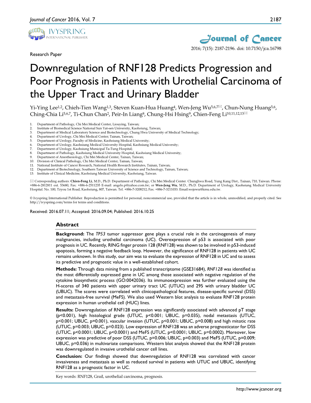 Downregulation of RNF128 Predicts Progression and Poor Prognosis In