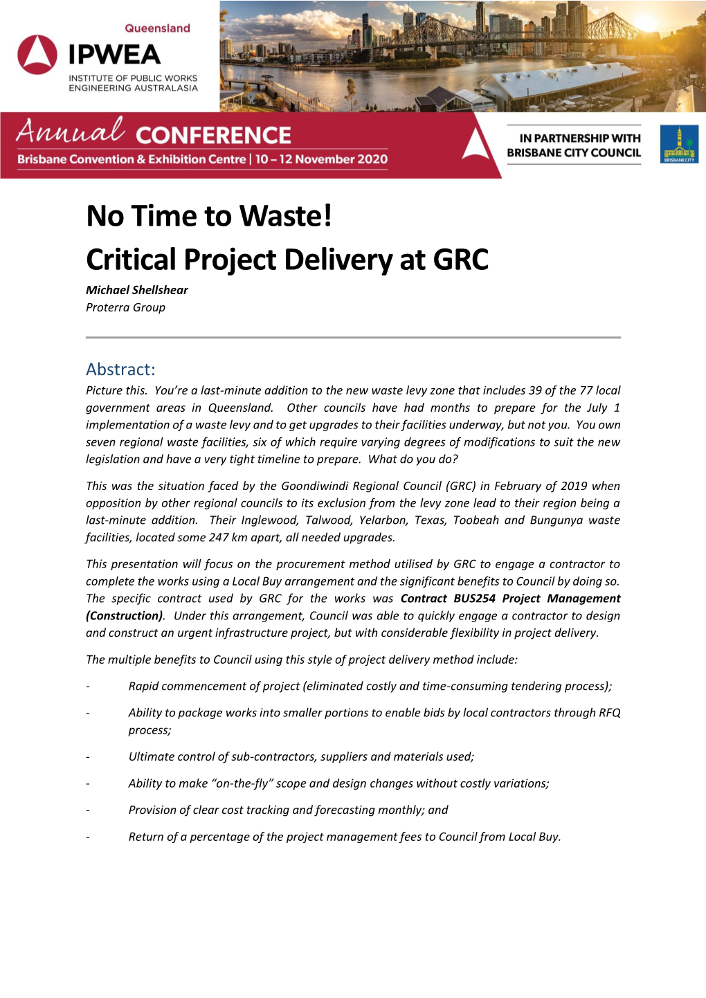 No Time to Waste! Critical Project Delivery at GRC Michael Shellshear Proterra Group