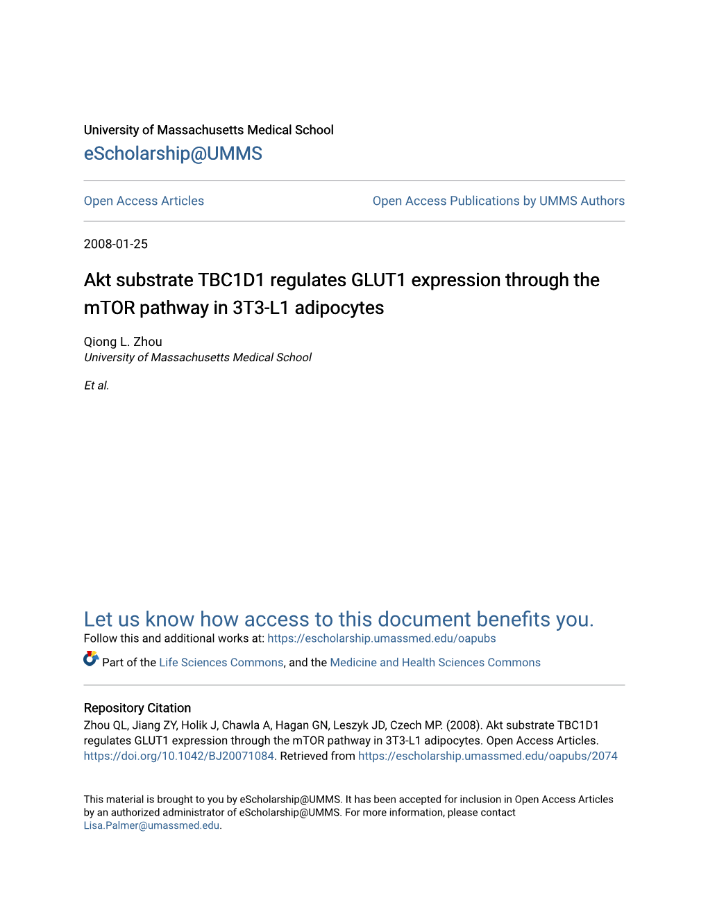 Akt Substrate TBC1D1 Regulates GLUT1 Expression Through the Mtor Pathway in 3T3-L1 Adipocytes